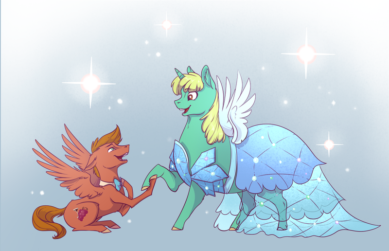 Size: 1330x858 | Tagged: safe, artist:28gooddays, derpibooru import, whoa nelly, oc, pony, canon x oc, clothes, cute, dress, eye contact, female, looking at each other, male, mare, necktie, princess dress, smiling, stallion, whoa nellybetes