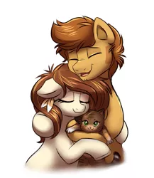 Size: 731x844 | Tagged: safe, artist:confetticakez, derpibooru import, oc, unofficial characters only, cat, pony, :3, brown coat, brown mane, duo, eyes closed, female, hug, male, mare, open mouth, simple background, smiling, stallion, white background, white coat