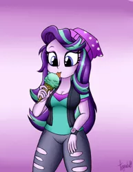 Size: 850x1100 | Tagged: safe, artist:queentigrel, derpibooru import, starlight glimmer, equestria girls, mirror magic, spoiler:eqg specials, beanie, breasts, clothes, cute, female, food, glimmerbetes, gradient background, hat, ice cream, licking, pants, shirt, solo, tongue out, vest