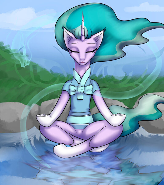 Size: 1024x1152 | Tagged: safe, artist:jessicanyuchi, derpibooru import, mistmane, dragon, pony, unicorn, campfire tales, beautiful, clothes, crossed legs, eyes closed, female, floating, hydrokinesis, levitation, magic, magic dragon, mare, meditating, peaceful, pond, reflection, robe, solo, telekinesis, zen