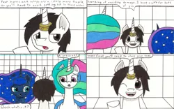 Size: 3286x2052 | Tagged: safe, artist:eternaljonathan, derpibooru import, princess celestia, princess luna, oc, oc:nemo, pony, comic:a new twist, comic, guardian, horn ring, royal sisters, science fiction, traditional art