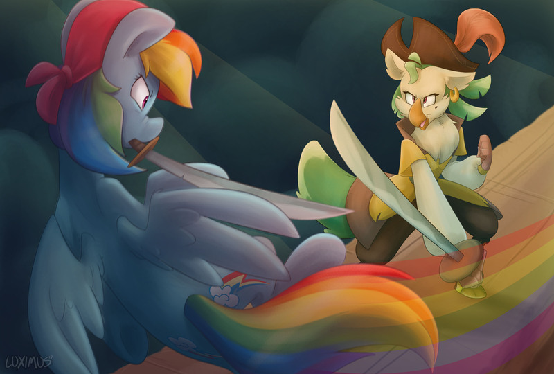 Size: 4000x2700 | Tagged: absurd resolution, anthro, artist:luximus17, captain celaeno, clothes, derpibooru import, mouth hold, my little pony: the movie, pirate, pirate rainbow dash, rainbow dash, safe, scene interpretation, sword, weapon