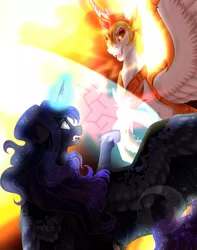 Size: 1433x1814 | Tagged: safe, artist:djspark3, derpibooru import, daybreaker, princess luna, alicorn, pony, a royal problem, crying, evil grin, fight, force field, glowing horn, grin, magic, mane of fire, role reversal, smiling, spread wings, wings