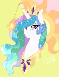 Size: 1440x1871 | Tagged: safe, artist:djspark3, derpibooru import, princess celestia, alicorn, pony, bust, cutie mark background, eyeshadow, female, horn jewelry, jewelry, lidded eyes, makeup, mare, portrait, regalia, signature, smiling, solo