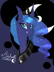 Size: 1440x1920 | Tagged: safe, artist:djspark3, derpibooru import, princess luna, alicorn, pony, alternate design, bust, cutie mark background, ear fluff, fangs, female, freckles, horn jewelry, jewelry, mare, portrait, regalia, signature, slit eyes, smiling, solo