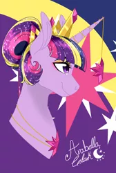 Size: 1440x2145 | Tagged: safe, artist:djspark3, derpibooru import, twilight sparkle, twilight sparkle (alicorn), alicorn, pony, alternate hairstyle, bust, cutie mark background, eyeshadow, hair bun, horn jewelry, jewelry, makeup, necklace, portrait, regalia, signature, smiling, solo