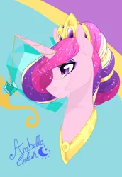 Size: 1024x1488 | Tagged: safe, artist:djspark3, derpibooru import, princess cadance, pony, alternate hairstyle, bust, cutie mark background, eyeshadow, horn jewelry, jewelry, makeup, portrait, regalia, signature, smiling, solo, watermark