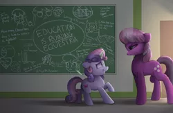 Size: 2000x1300 | Tagged: safe, artist:vanillaghosties, derpibooru import, cheerilee, sweetie belle, earth pony, pony, unicorn, abuse, atg 2017, best pony, caught, chalkboard, cheeribuse, cheerilee is unamused, current year, eye contact, female, filly, floppy ears, frown, glare, grin, imminent spanking, levitation, looking at each other, magic, mare, nervous, nervous grin, newbie artist training grounds, now you fucked up, out of character, profile, raised hoof, sheepish grin, smiling, student, sweetie belle's magic brings a great big smile, sweetie fail, teacher, teacher and student, telekinesis, the emoji movie, this will end in detention, unamused, wat, wide eyes, worst pony, you dun goofed