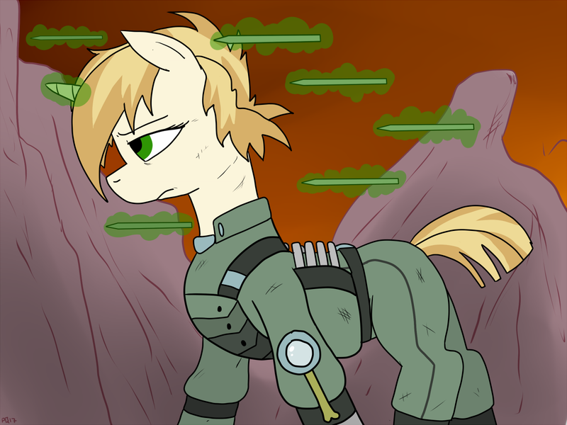 Size: 1200x900 | Tagged: semi-grimdark, artist:pony quarantine, derpibooru import, sweet biscuit, pony, unicorn, alternate hairstyle, alternate timeline, belt, clothes, crystal war timeline, damage, female, frown, glowing horn, magic, mare, metal spike, rock, sad, scuff mark, simple background, solo, uniform, vest, walking