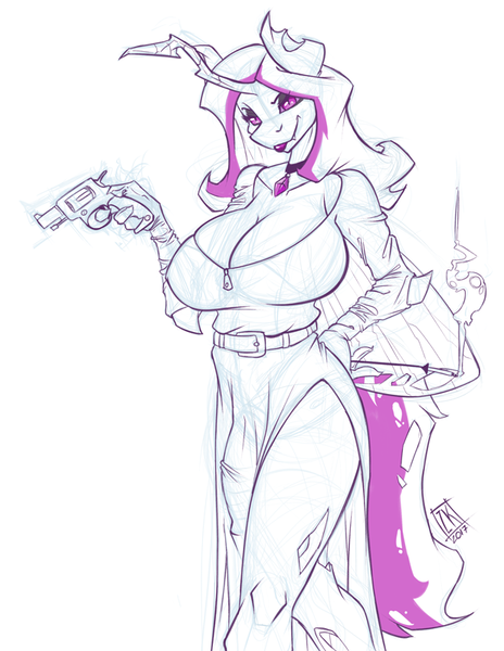 Size: 618x800 | Tagged: anthro, anthro oc, artist:zwitterkitsune, big breasts, breasts, changeling, changeling oc, changeling queen, changeling queen oc, cigarette, cigarette holder, cleavage, clothes, crotch bulge, derpibooru import, flaccid, futa, gun, handgun, intersex, looking at you, no trigger discipline, oc, oc:protoqueen bountiful, penis, purple changeling, questionable, revolver, simple background, smiling, smoking, solo, solo futa, unofficial characters only