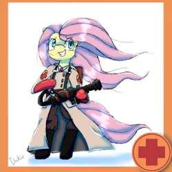 Size: 2000x2000 | Tagged: anthro, artist:chikiz65, colored, crossover, derpibooru import, fluttermedic, fluttershy, full body, lighted, lightly watermarked, logo, medic, safe, shading, solo, standing, team fortress 2, watermark