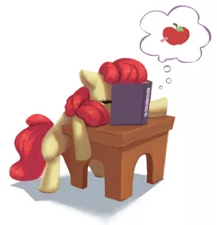 Size: 1452x1500 | Tagged: safe, artist:egn, derpibooru import, apple bloom, pony, worm, apple, atg 2017, book, desk, equestria daily exclusive, female, filly, food, newbie artist training grounds, school, simple background, sleeping, sleeping in class, sleeping while sitting, solo, thought bubble, white background