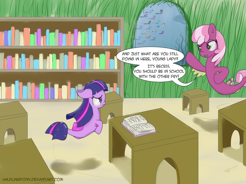 Size: 1280x960 | Tagged: alternate universe, artist:halflingpony, atg 2017, cheerilee, derpibooru import, dialogue, duo, newbie artist training grounds, pun, recess, safe, school, seaponified, seapony cheerilee, seapony (g4), seapony twilight, solo, species swap, twilight sparkle