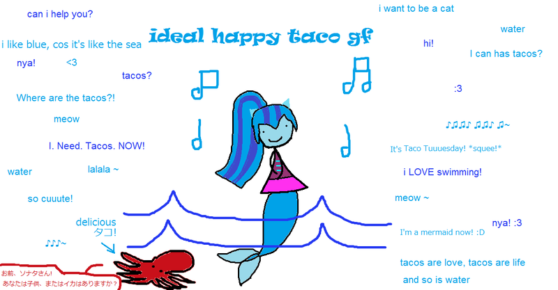 Size: 1194x622 | Tagged: safe, artist:horsesplease, derpibooru import, sonata dusk, mermaid, octopus, equestria girls, 1000 hours in ms paint, :3, behaving like a cat, blue, catgirl, cute, eared humanization, food, happy, i can has, ideal gf, japanese, meme, ms paint, music notes, nya, ponied up, pun, singing, smiling, solo, sonataco, sonyata dusk, squee, swimming, taco, taco tuesday, that human sure does love water, water