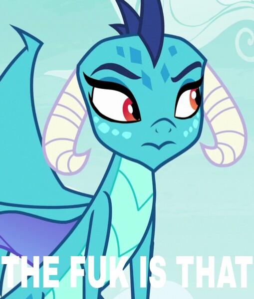 Size: 509x600 | Tagged: derpibooru import, dragon, edit, edited screencap, fuk, image macro, juxtaposition bait, meme, princess ember, safe, screencap, solo, triple threat, vulgar