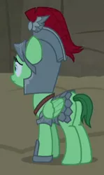 Size: 229x383 | Tagged: safe, derpibooru import, screencap, olivine gemstone, verdigris, pegasus, pony, campfire tales, armor, background pony, cropped, female, helmet, mare, plot, royal legion, solo