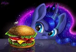 Size: 1024x691 | Tagged: safe, artist:das_leben, derpibooru import, princess luna, alicorn, pony, burger, cheeseburger, eyes on the prize, female, fluffy, food, grin, hamburger, hyper realistic eyes, mare, ponies eating meat, reflection, smiling, solo, soon