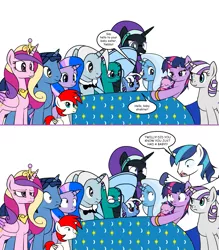 Size: 1053x1204 | Tagged: safe, artist:dekomaru, derpibooru import, night light, princess cadance, shining armor, trixie, twilight sparkle, twilight velvet, oc, oc:aurora, oc:hazel lulamoon, oc:iniduoh, oc:mars, oc:nebula, oc:nyx, alicorn, pony, unicorn, tumblr:ask twixie, alicorn oc, ask, baby, baby pony, colt, female, filly, lesbian, magical lesbian spawn, male, moment killer, newborn, offspring, parent:trixie, parent:twilight sparkle, parents:twixie, shining armor is a goddamn moron, shipping, simple background, tumblr, twixie, white background