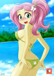Size: 707x1000 | Tagged: suggestive, alternate version, artist:uotapo, derpibooru import, fluttershy, rabbit, equestria girls, alternate hairstyle, ass, beautiful, bikini, bikini babe, blushing, breasts, busty fluttershy, buttcrack, clothes, colored pupils, embarrassed, female, flutterbutt, green swimsuit, looking at you, looking back, looking back at you, open mouth, patreon, patreon logo, ponytail, sexy, shilling intensifies, sideboob, solo, solo female, string bikini, surprised, swimsuit, underboob