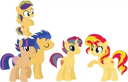 Size: 1136x732 | Tagged: safe, artist:emabases, derpibooru import, flash sentry, sunset shimmer, oc, pony, family, female, flashimmer, half-siblings, male, offspring, parent:flash sentry, parent:sunset shimmer, parent:twilight sparkle, parents:flashimmer, parents:flashlight, shipping, simple background, straight, white background
