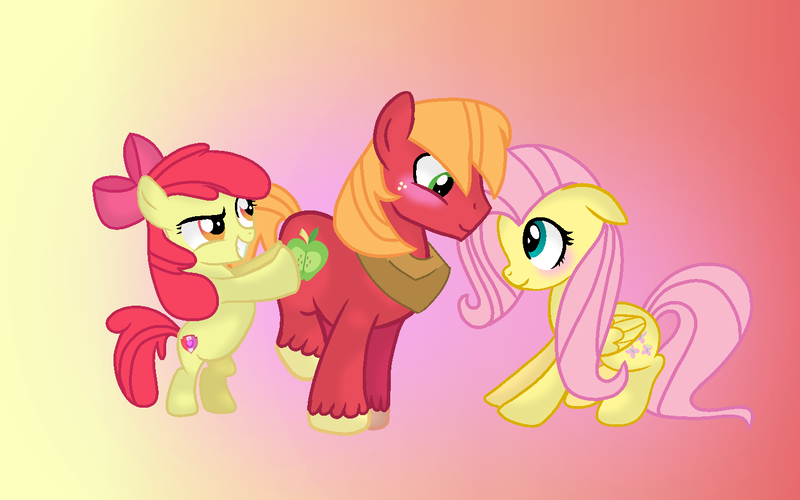 Size: 1396x872 | Tagged: safe, artist:tsintseh, derpibooru import, apple bloom, big macintosh, fluttershy, pony, apple bloom the shipper, butt touch, cutie ship crusaders, female, fluttermac, hoof on butt, male, pushing, rump push, shipper on deck, shipping, straight