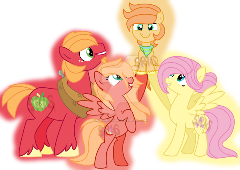 Size: 1024x724 | Tagged: safe, artist:superrosey16, derpibooru import, big macintosh, fluttershy, oc, oc:honeycrisp, oc:sweet apple, pony, female, fluttermac, male, offspring, parent:big macintosh, parent:fluttershy, parents:fluttermac, shipping, straight