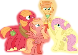 Size: 1024x724 | Tagged: safe, artist:superrosey16, derpibooru import, big macintosh, fluttershy, oc, oc:honeycrisp, oc:sweet apple, pony, female, fluttermac, male, offspring, parent:big macintosh, parent:fluttershy, parents:fluttermac, shipping, straight