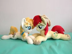 Size: 960x720 | Tagged: safe, artist:burgunzik, derpibooru import, bright mac, pear butter, pony, the perfect pear, brightbutter, female, irl, male, photo, plushie, prone, shipping, straight