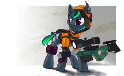 Size: 2282x1413 | Tagged: safe, artist:weirdcloud, derpibooru import, oc, unofficial characters only, pony, unicorn, cutie mark, gun, hooves, horn, male, optical sight, rifle, sniper rifle, solo, stallion, weapon