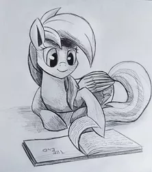 Size: 1024x1154 | Tagged: safe, artist:camyllea, derpibooru import, rainbow dash, pegasus, pony, atg 2017, book, cute, female, mare, monochrome, newbie artist training grounds, reading, simple background, sketch, smiling, solo