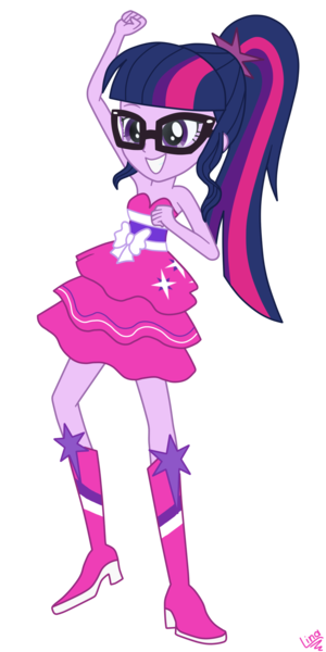 Size: 1100x2200 | Tagged: safe, artist:linacloud23, derpibooru import, sci-twi, twilight sparkle, equestria girls, alternate universe, bare shoulders, boots, clothes, clothes swap, cute, dancing, fall formal outfits, female, glasses, high heel boots, legs, ponytail, raised leg, shoes, simple background, skirt, sleeveless, solo, stars, strapless, transparent background