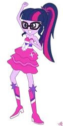 Size: 1100x2200 | Tagged: safe, artist:linacloud23, derpibooru import, sci-twi, twilight sparkle, equestria girls, alternate universe, bare shoulders, boots, clothes, clothes swap, cute, dancing, fall formal outfits, female, glasses, high heel boots, legs, ponytail, raised leg, shoes, simple background, skirt, sleeveless, solo, stars, strapless, transparent background