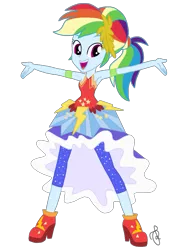 Size: 1536x2048 | Tagged: safe, artist:ilaria122, derpibooru import, rainbow dash, equestria girls, legend of everfree, alternate hairstyle, armpits, clothes, crystal gala, crystal gala dress, dress, female, high heels, lightning, multicolored hair, ponytail, shoes, simple background, solo, stars, wristband