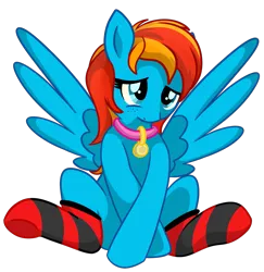 Size: 1827x1877 | Tagged: safe, artist:x-blackpearl-x, derpibooru import, oc, oc:seafeather, unofficial characters only, pegasus, pony, clothes, collar, female, shy, simple background, socks, solo, spread wings, striped socks, transparent background, wingboner, wings