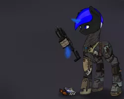 Size: 3500x2800 | Tagged: safe, artist:syntiset, derpibooru import, oc, oc:pixel shield, unofficial characters only, pony, unicorn, battery, gift art, grenade launcher, gun, jetpack, magic, male, pilot, softball, solo, stallion, titanfall, titanfall 2, weapon