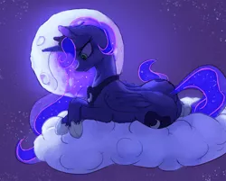 Size: 800x643 | Tagged: safe, artist:alcor, artist:raikoh, color edit, derpibooru import, edit, princess luna, alicorn, pony, backlighting, cloud, colored, female, looking down, mare, moon, night, plot, prone, solo, stars