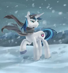 Size: 800x850 | Tagged: safe, artist:aurarrius, derpibooru import, shining armor, pony, unicorn, the crystal empire, clothes, male, raised hoof, scarf, snow, snow goggles, solo, stallion