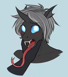 Size: 776x882 | Tagged: suggestive, artist:askbubblelee, derpibooru import, oc, oc:imago, unofficial characters only, anthro, changeling, anthro oc, blushing, bust, changeling oc, curved horn, cute, cute little fangs, cuteling, duo, eyelashes, fangs, female, forked tongue, glowing eyes, hand on face, horn, long tongue, looking at you, mare, open mouth, short hair, simple background, solo focus, tongue out