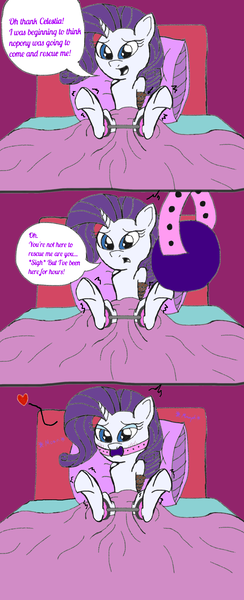 Size: 1344x3299 | Tagged: suggestive, artist:darkknighthoof, artist:icey-wicey-1517, derpibooru import, rarity, pony, unicorn, arm behind back, ballgag, bed, bedroom eyes, blanket, blushing, bondage, colored, comic, damsel in distress, digital art, female, fetish, gag, heart, hoof fetish, mare, muffled moaning, offscreen character, open mouth, pillow, rope, rope bondage, solo, solo female, speech bubble, spread legs, spreader bar, spreading, this will end in tickles, underhoof