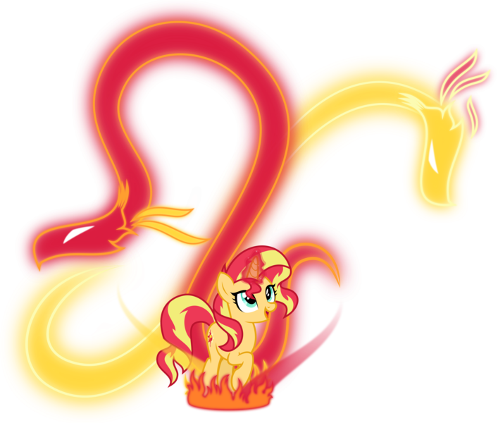 Size: 6000x5094 | Tagged: safe, artist:orin331, derpibooru import, sunset shimmer, dragon, hybrid, phoenix, pony, unicorn, campfire tales, absurd resolution, cute, dragon spirit, female, fiery shimmer, fire, fire magic, glowing horn, looking up, magic, magic dragon, mare, open mouth, raised hoof, shimmerbetes, simple background, smiling, transparent background