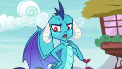 Size: 1280x720 | Tagged: angry, betrayed, claws, derpibooru import, dragon, dragoness, female, hand on chest, hand on hip, horns, insulted, looking down, open mouth, ponyville, princess ember, safe, screencap, solo, spread wings, talking, triple threat, wings