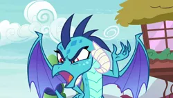 Size: 1280x720 | Tagged: angry, betrayed, claws, derpibooru import, dragon, dragoness, ember is not amused, female, furious, glare, horns, insulted, looking at someone, looking down, narrowed eyes, offended, open mouth, ponyville, princess ember, raised arm, safe, screencap, solo, spread wings, talking, triple threat