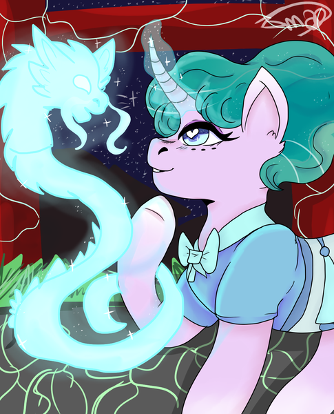 Size: 1024x1268 | Tagged: safe, artist:jadedmelody613, derpibooru import, mistmane, dragon, pony, unicorn, campfire tales, clothes, curved horn, ethereal mane, female, flowing mane, freckles, glowing horn, heart eyes, magic, magic dragon, mare, raised hoof, robe, signature, solo, talented, wingding eyes