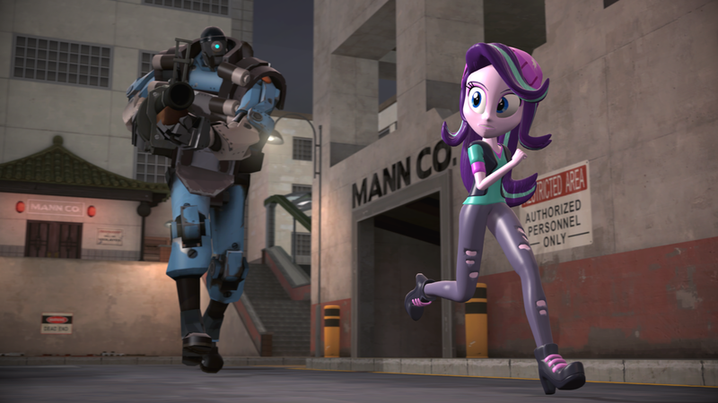 Size: 1600x900 | Tagged: safe, artist:minerjacker, artist:razethebeast, derpibooru import, starlight glimmer, robot, equestria girls, 3d, beanie, building, clothes, demoman, hat, mvm, pants, running, scenery, shirt, source filmmaker, team fortress 2, vest