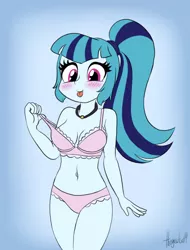 Size: 800x1050 | Tagged: suggestive, artist:queentigrel, derpibooru import, sonata dusk, equestria girls, rainbow rocks, blushing, bra, breasts, cleavage, clothes, female, frilly underwear, gradient background, looking at you, panties, pink underwear, solo, solo female, stupid sexy sonata dusk, teasing, tongue out, underwear, undressing