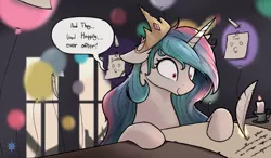 Size: 1161x679 | Tagged: dead source, safe, artist:noctilucent-arts, derpibooru import, princess celestia, alicorn, pony, bad end, balloon, candle, dialogue, female, fire, floppy ears, immortality blues, insanity, levitation, magic, mare, messy mane, paper, quill, shrunken pupils, snaplestia, solo, speech bubble, telekinesis