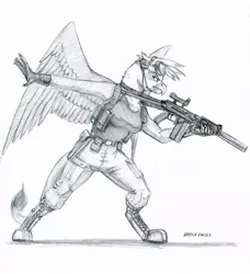 Size: 1100x1208 | Tagged: safe, artist:baron engel, derpibooru import, gilda, anthro, digitigrade anthro, gryphon, 9a-91, armpits, belt, boots, cargo pants, clothes, female, goggles, grayscale, gun, headset, holster, image, jpeg, microphone, monochrome, pants, radio, rifle, shoes, signaling, simple background, solo, suppressor, traditional art, vest, weapon, white background