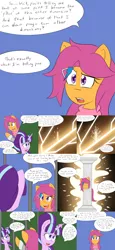 Size: 2400x5200 | Tagged: safe, artist:jake heritagu, derpibooru import, scootaloo, starlight glimmer, pony, comic:ask motherly scootaloo, alternate timeline, bars, clothes, comic, hairpin, horn ring, magic suppression, motherly scootaloo, multiverse, pillar, scarf, sweatshirt