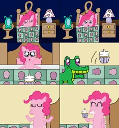 Size: 1024x1092 | Tagged: safe, artist:penelopehamuchan, derpibooru import, gummy, pinkie pie, pony, bed, comic, crossover, cupcake, eating, food, looney tunes, sleeping