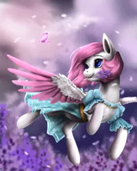 Size: 1200x1500 | Tagged: safe, artist:rossignolet, derpibooru import, oc, oc:lavender, unofficial characters only, butterfly, pegasus, pony, beautiful, clothes, female, flower, flower in mouth, flying, mare, mouth hold, smiling, solo, spread wings, wings